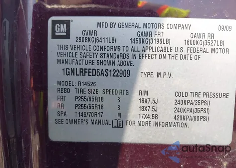 2010 Chevrolet Traverse Lt из США, поврежденный, VIN 1GNLRFED6AS122909